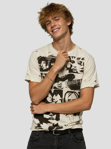 None Unit Rock Collage Distressed Graphic Tee in vintage white male model alternate front view