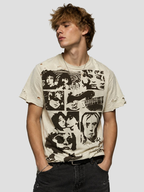 None Unit Rock Collage Distressed Graphic Tee in vintage white male model front view