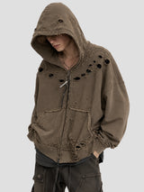 None Unit Ruin Rift Distressed Zip Hoodie in taupe male model alternate front view