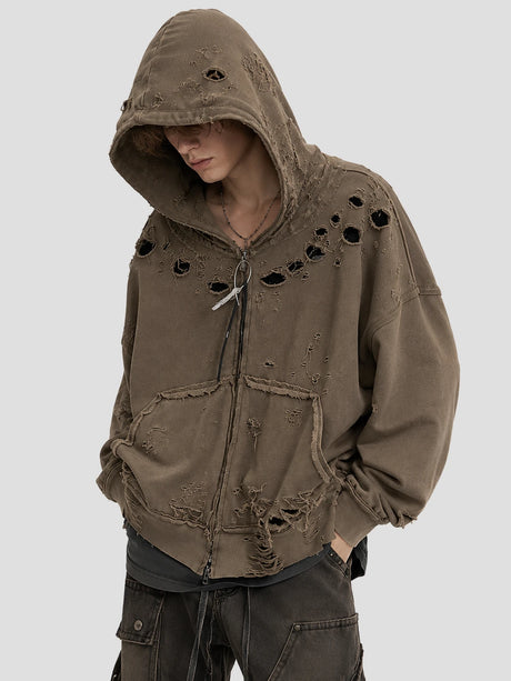 None Unit Ruin Rift Distressed Zip Hoodie in taupe male model alternate front view