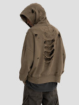 None Unit Ruin Rift Distressed Zip Hoodie in taupe male model back view