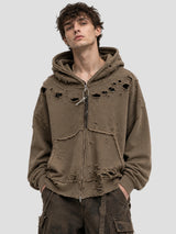 None Unit Ruin Rift Distressed Zip Hoodie in taupe male model front view