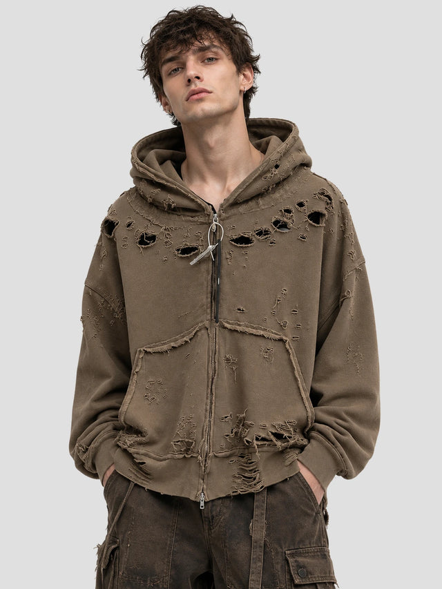 None Unit Ruin Rift Distressed Zip Hoodie in taupe male model front view