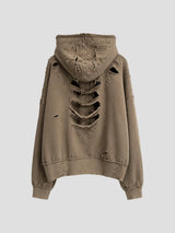 None Unit Ruin Rift Distressed Zip Hoodie in taupe product back view