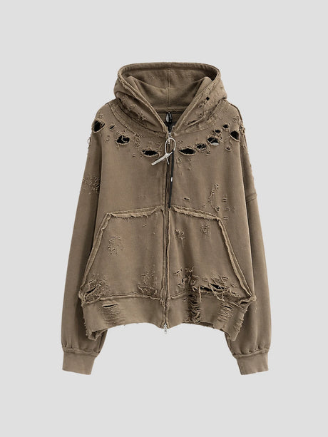 None Unit Ruin Rift Distressed Zip Hoodie in taupe product front view