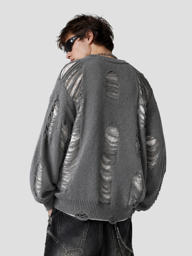 None Unit Rupture Knit Oversized Sweater in gray model back view