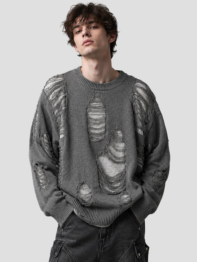 None Unit Rupture Knit Oversized Sweater in gray model front view