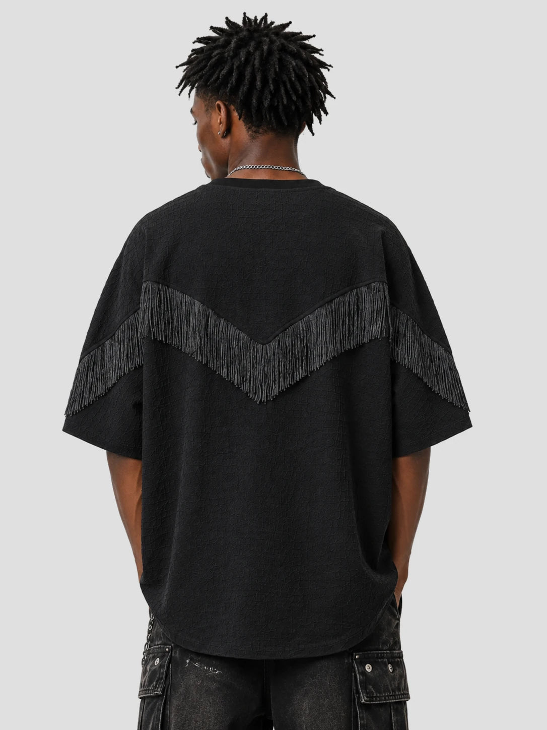 None Unit Shadow Fringe Oversized Tee in black male model back view