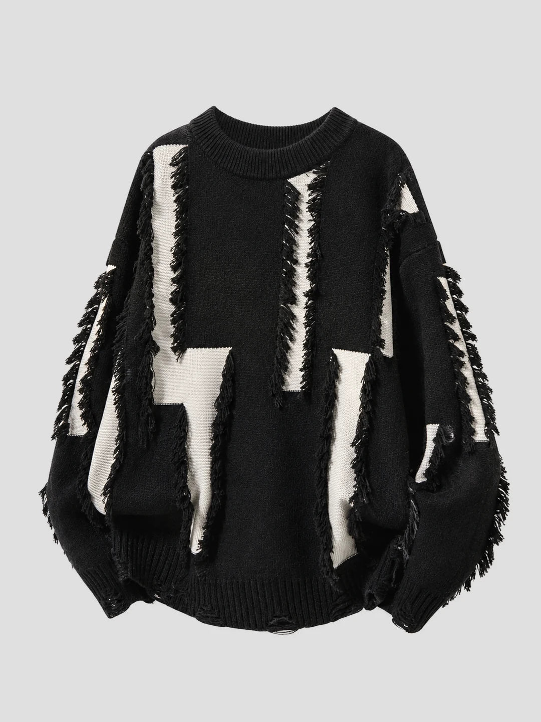 None Unit Shard Panel Distressed Sweater in black product front view
