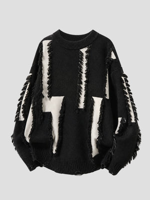 None Unit Shard Panel Distressed Sweater in black product front view
