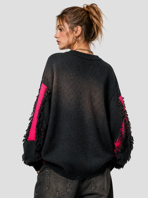 None Unit Shard Panel Distressed Sweater in red female model back view