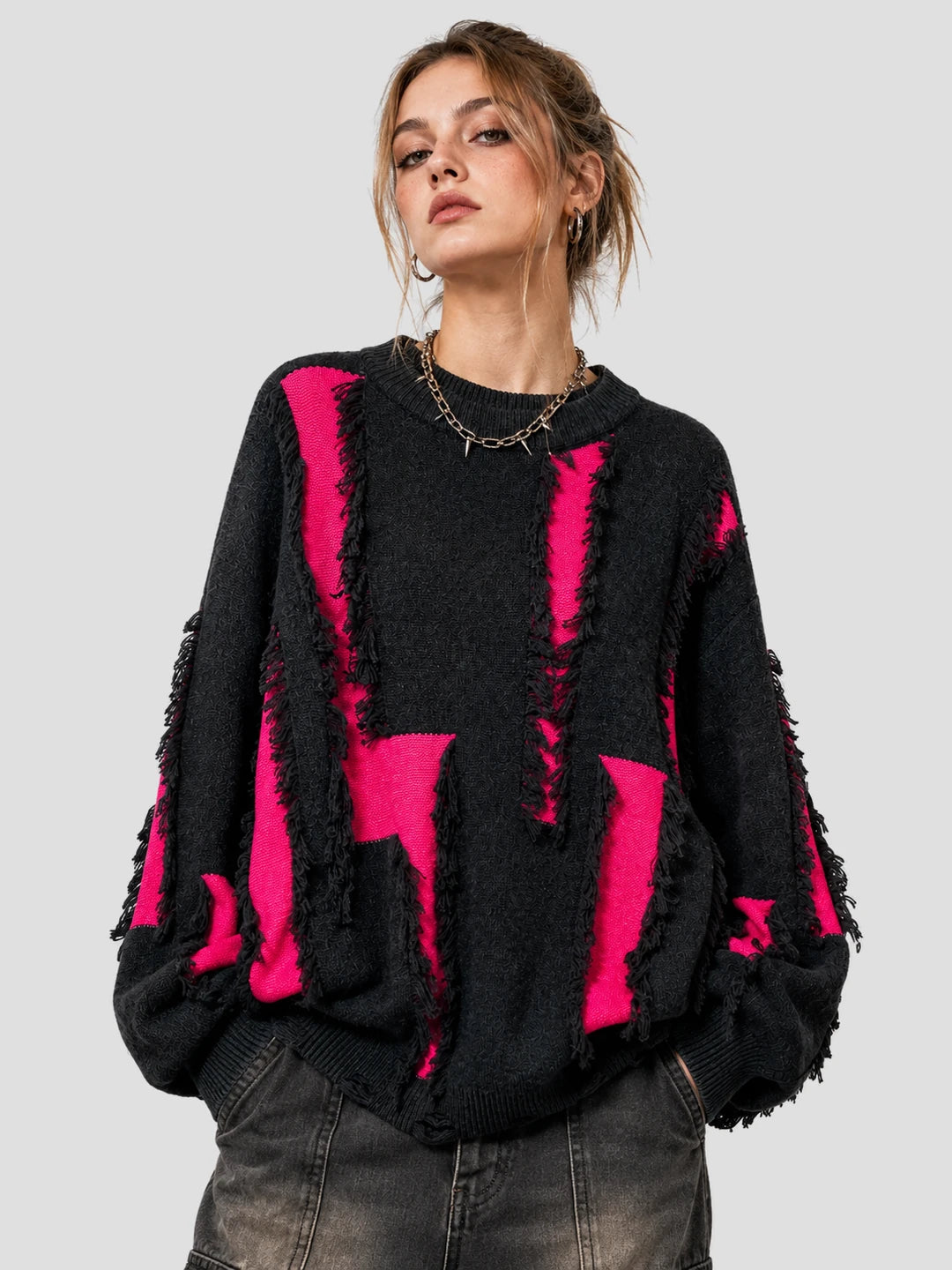 None Unit Shard Panel Distressed Sweater in red female model front view