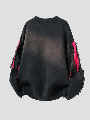 None Unit Shard Panel Distressed Sweater in red product back view