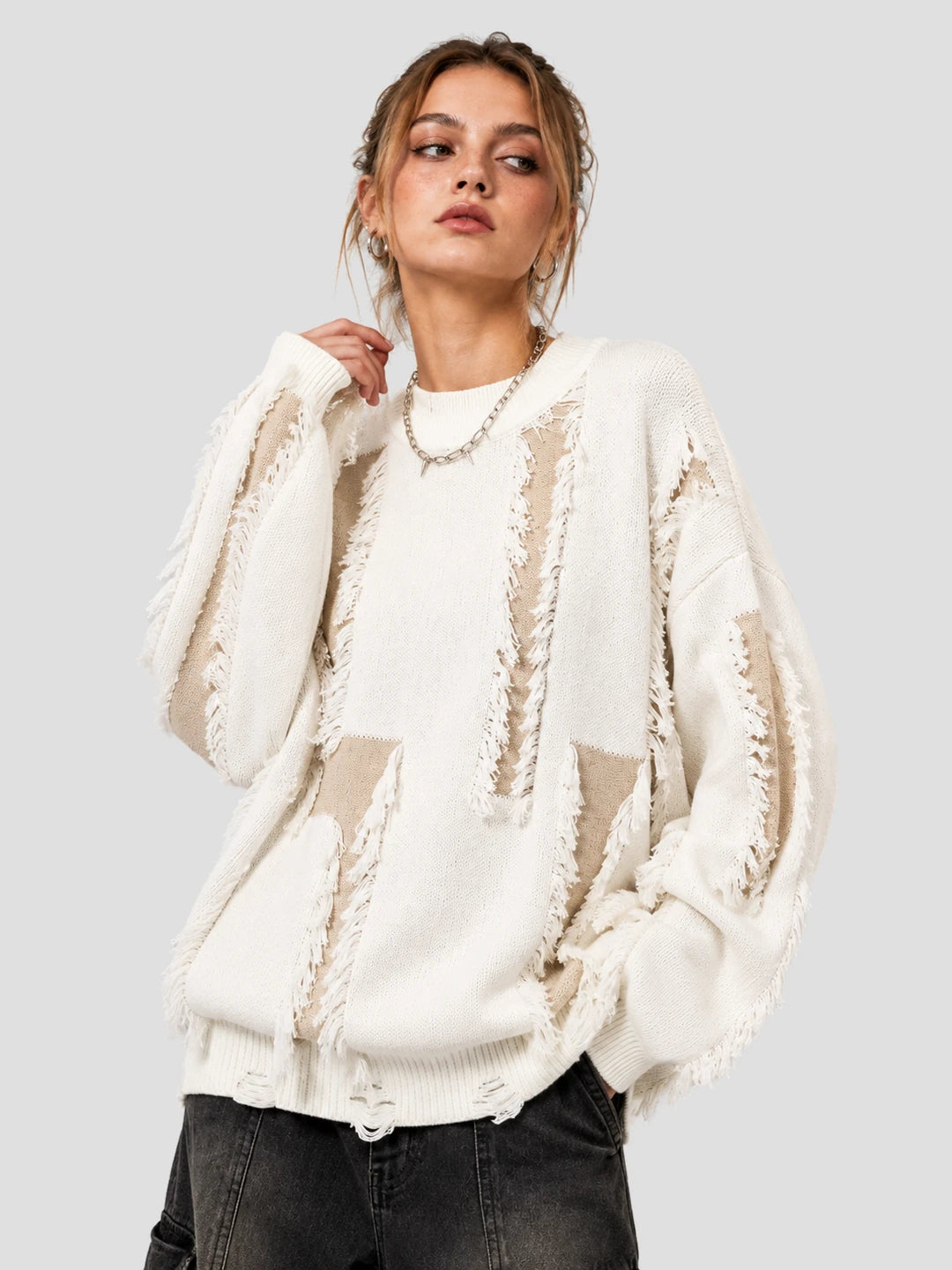 None Unit Shard Panel Distressed Sweater in white female model front view