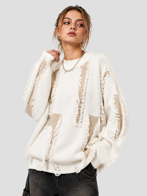 None Unit Shard Panel Distressed Sweater in white female model front view