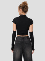 None Unit Signal cropped sleeve top in black back model view