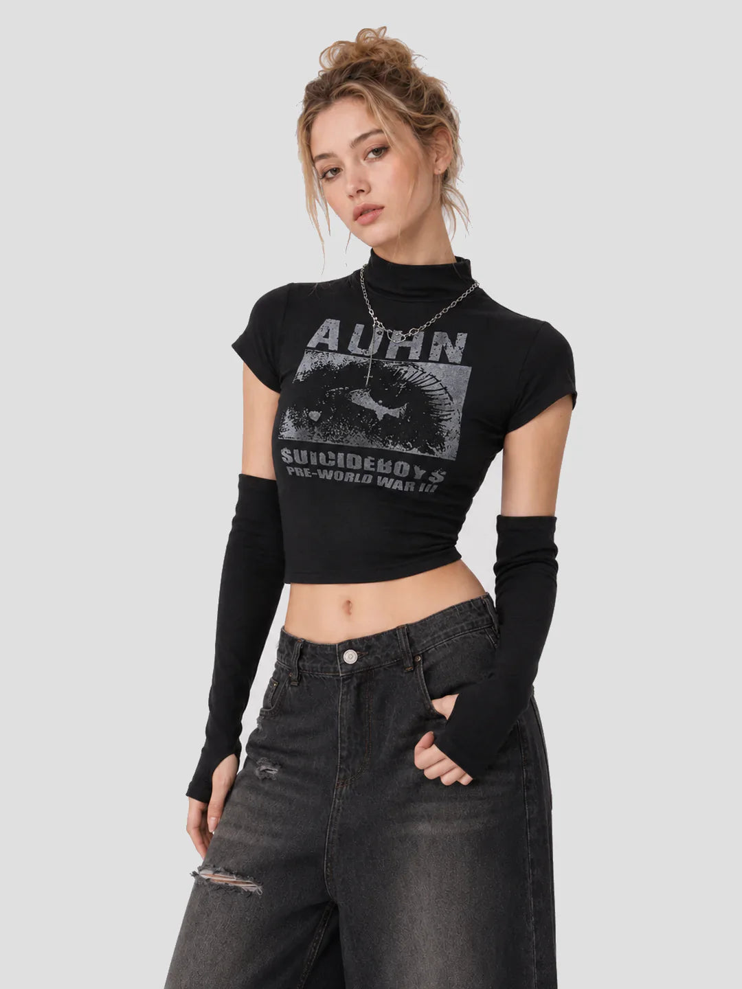 None Unit Signal cropped sleeve top in black front model view