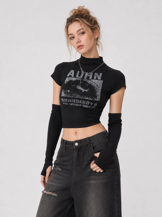None Unit Signal cropped sleeve top in black front model view