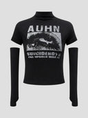 None Unit Signal cropped sleeve top in black product front view