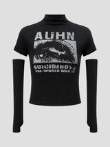 None Unit Signal cropped sleeve top in black product front view