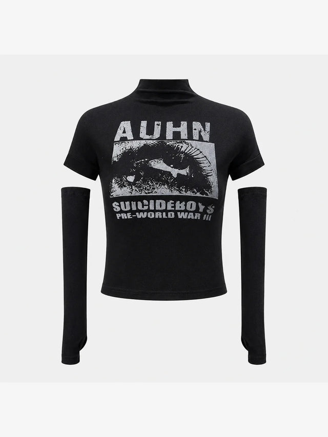 None Unit Signal cropped sleeve top in black product front view