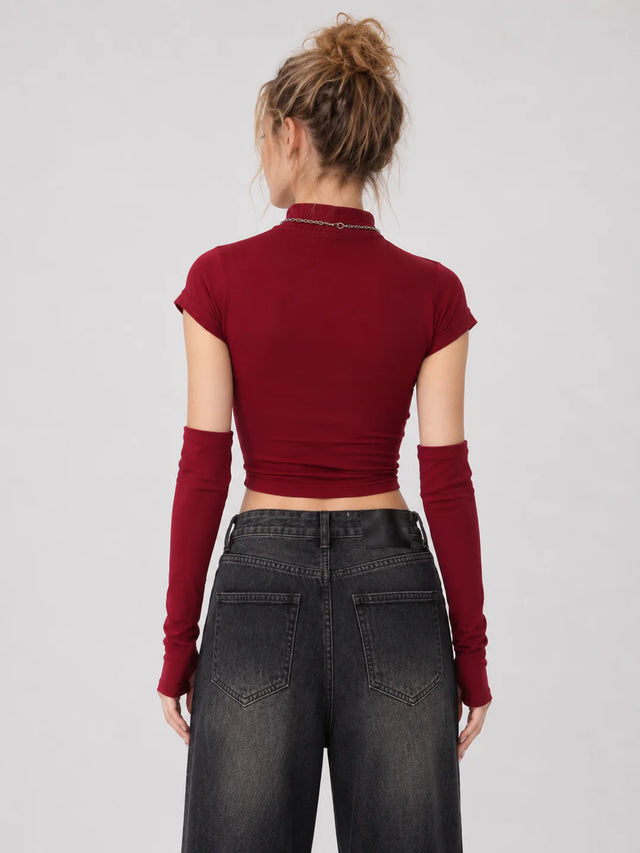 None Unit Signal cropped sleeve top in red back model view