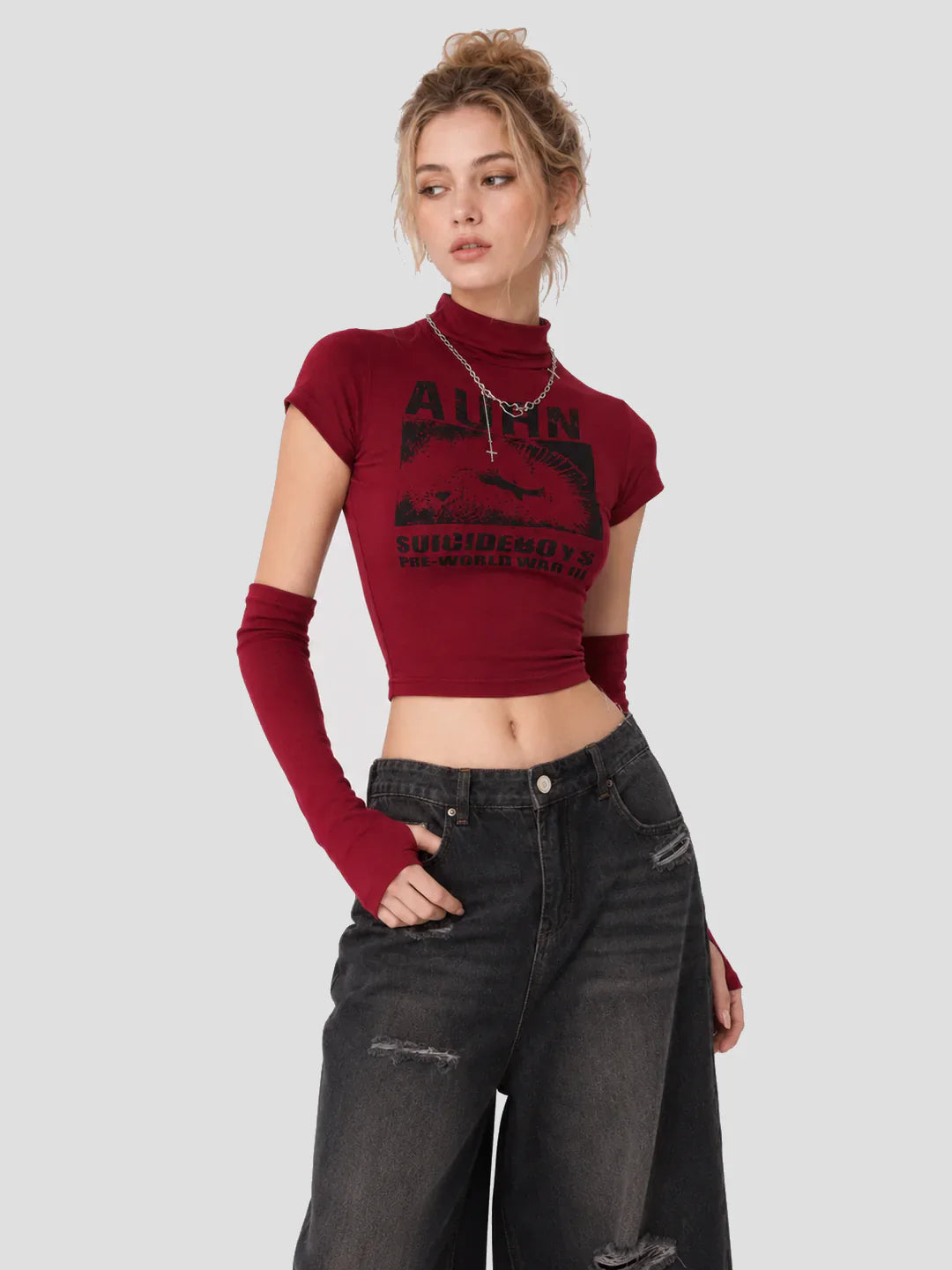 None Unit red cropped mock neck graphic top with arm sleeves styling view