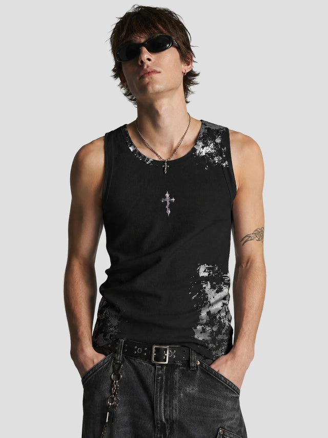 None Unit Silver Cross Washed Slim Tank in black male model front view