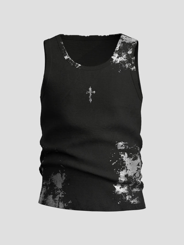 None Unit Silver Cross Washed Slim Tank in black product front view