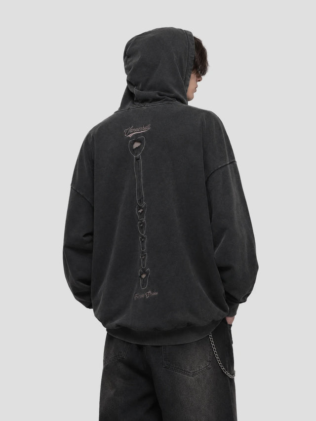 None Unit Skeleton Cutout Washed Hoodie in washed black model back view