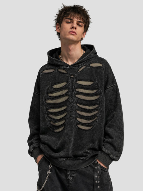 None Unit Skeleton Cutout Washed Hoodie in washed black model front view