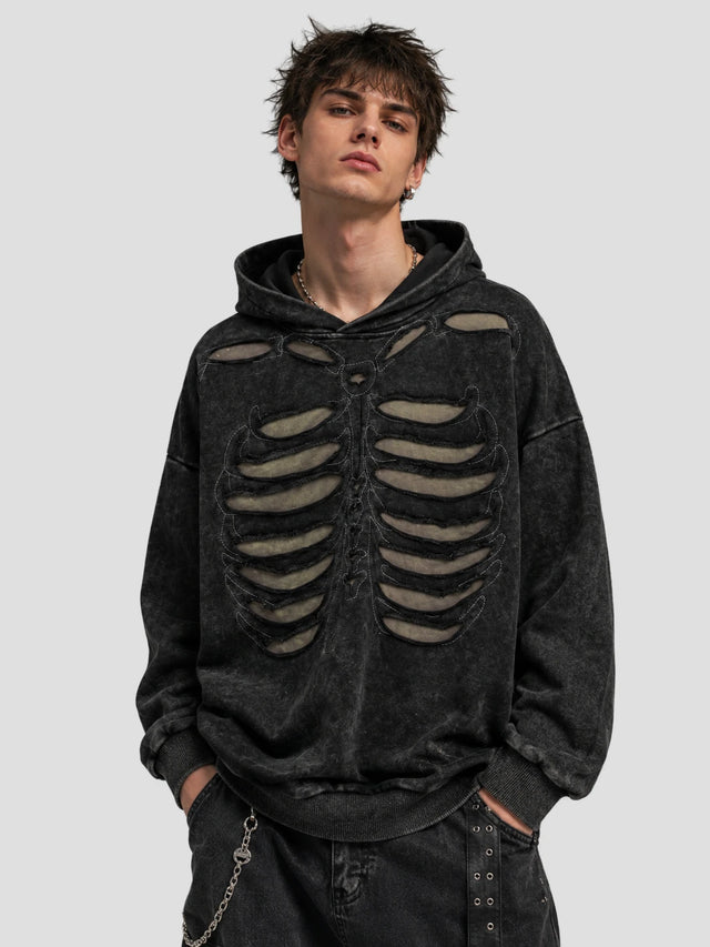 None Unit Skeleton Cutout Washed Hoodie in washed black model front view