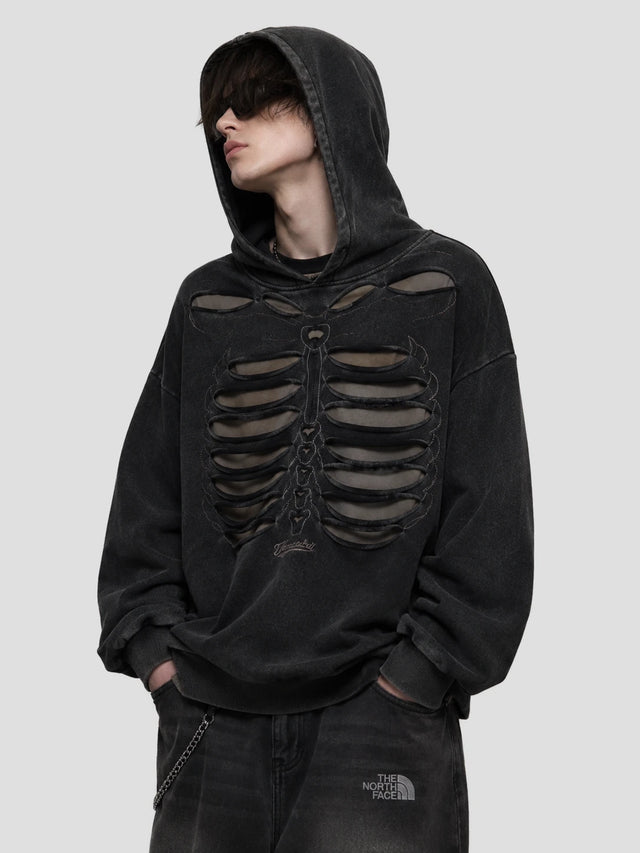 None Unit Skeleton Cutout Washed Hoodie in washed black model side view