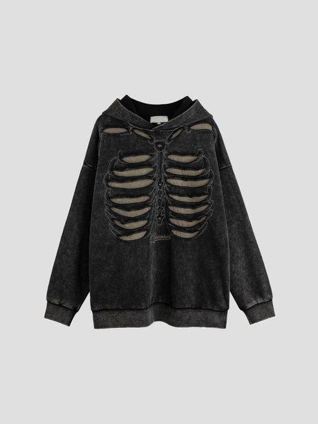 None Unit Skeleton Cutout Washed Hoodie in washed black product front view