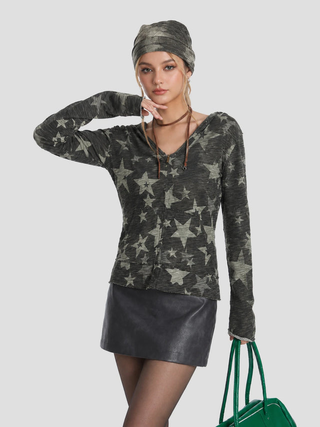 None Unit Star Camo V-neck Hooded Top in green female model detail view