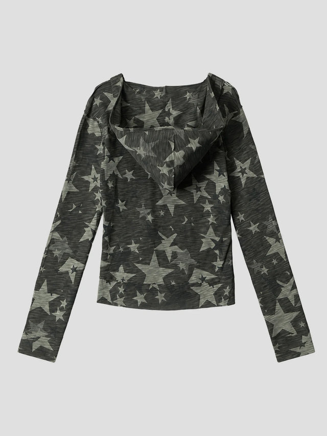 None Unit Star Camo V-neck Hooded Top in green product back view