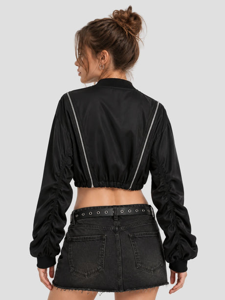 None Unit Star Zip Cropped Bomber Jacket in black model back view