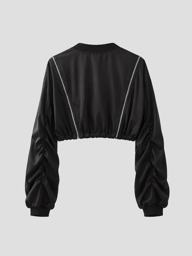 None Unit Star Zip Cropped Bomber Jacket in black product back view