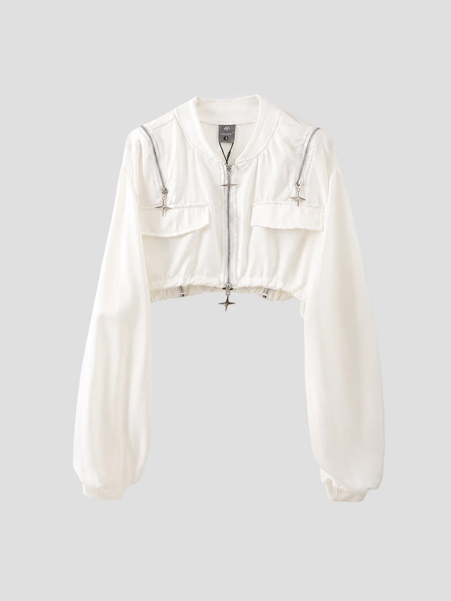 None Unit Star Zip Cropped Bomber Jacket in white product front view