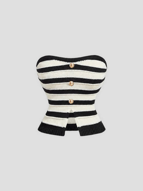 None Unit Stripe Button Tube Knit Top in black and ivory product front view
