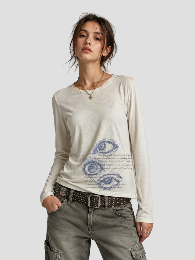 None Unit Three Eyes Washed Long-Sleeve Tee in off white model front view