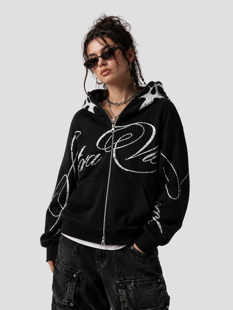 None Unit Tribal Script Zip Hoodie in black model front view