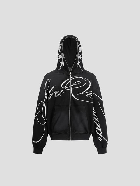 None Unit Tribal Script Zip Hoodie in black product front view