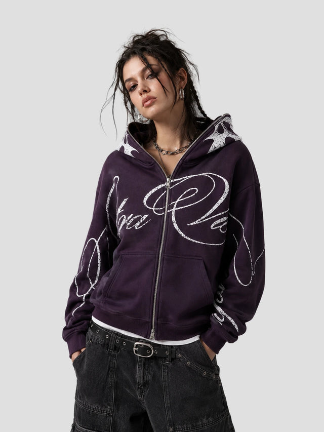 None Unit Tribal Script Zip Hoodie in deep purple model front view