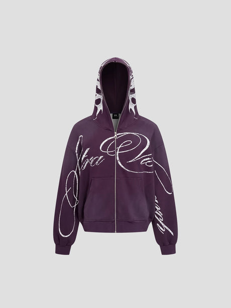 None Unit Tribal Script Zip Hoodie in deep purple product front view