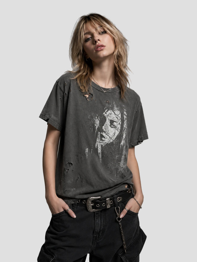 None Unit Frayed Portrait Washed Tee in gray alternate model view
