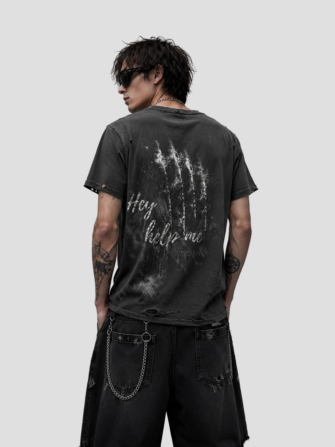 None Unit Frayed Portrait Washed Tee in gray model back view
