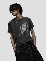 None Unit Frayed Portrait Washed Tee in gray model detail view