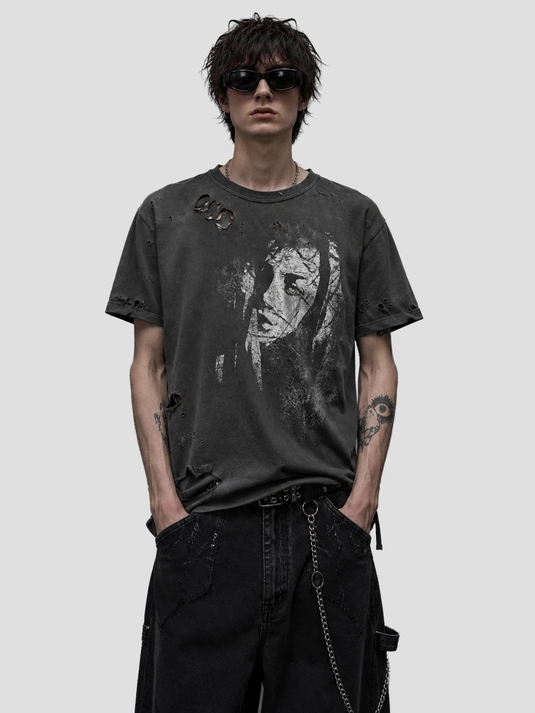 None Unit Frayed Portrait Washed Tee in gray model front view