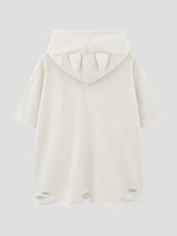 None Unit Wolf Relic Distressed Hooded Tee in off white product back view